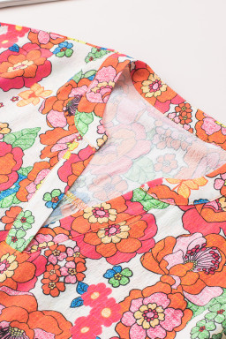 Red Floral Split Neck Ruffle Sleeve Blouse