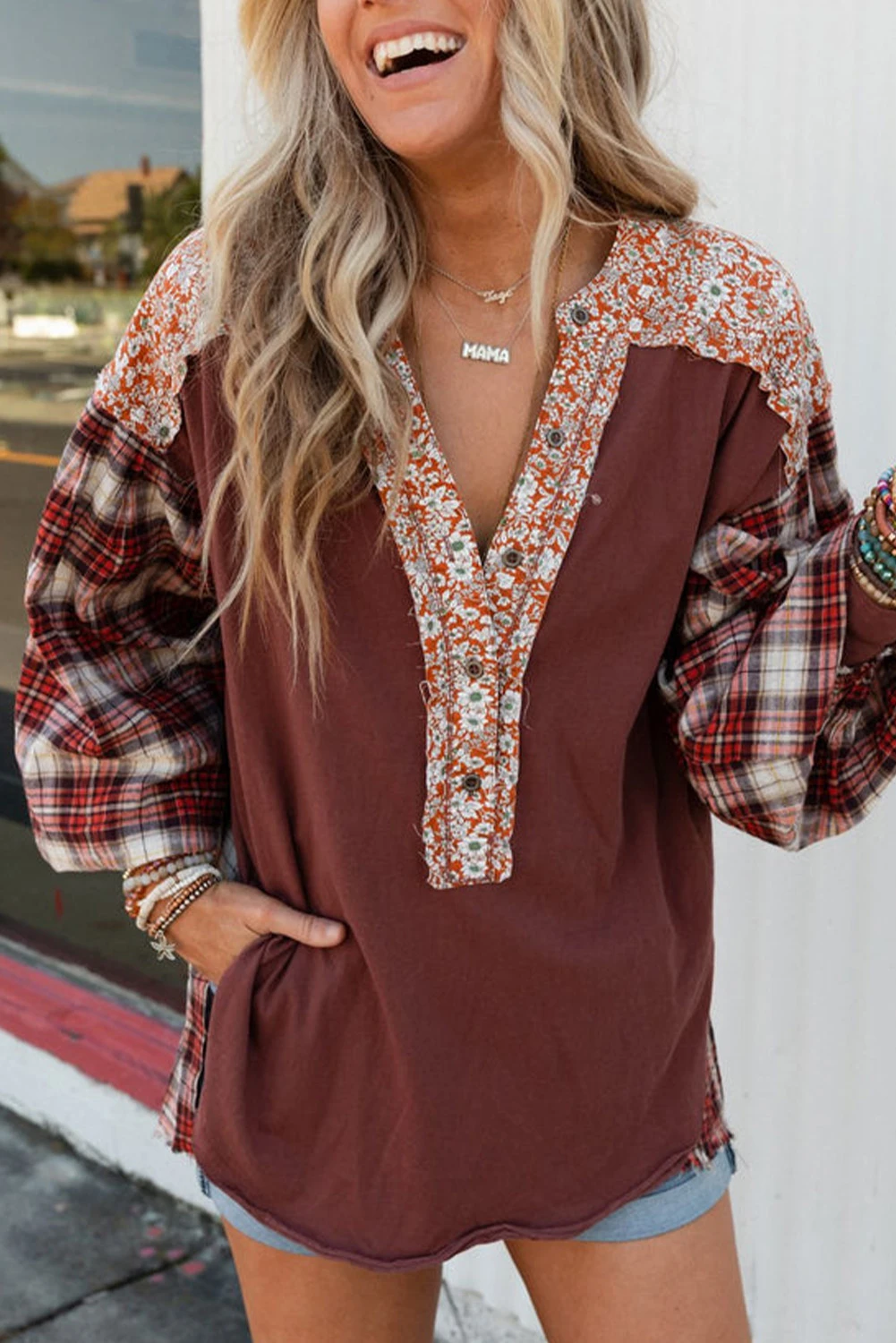 Red Ditsy Floral Print Long Sleeve Henley Flannel Shirt Shewin Wholesale