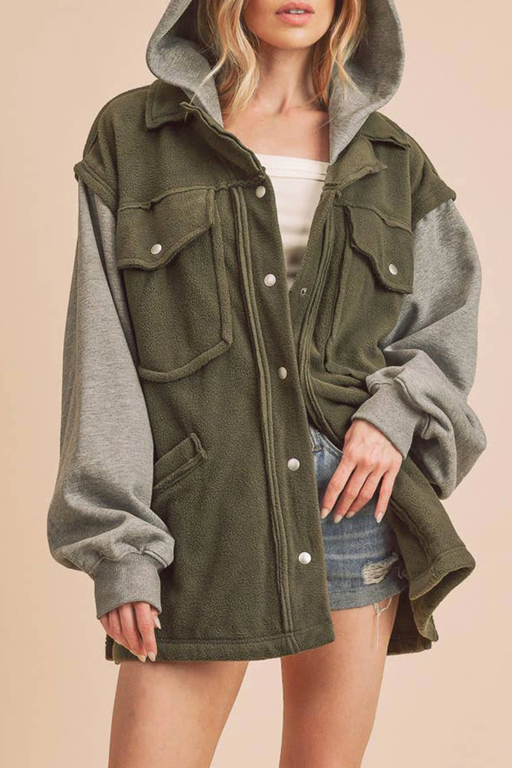 Green and Grey Color Block Snap Button Fleece Hoodie Jacket Shewin