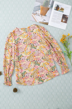 Yellow Floral Print Smocked Cuffs Long Sleeve Blouse