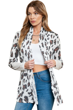 White Leopard Print Casual Open Front Cardigan