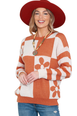 Brown 60s Floral Checkered and Striped Knitted Pullover Sweater