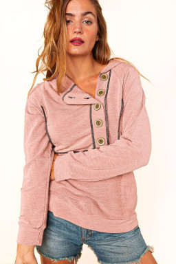 Pink Solid Color Exposed Seam Henley Pullover Hoodie