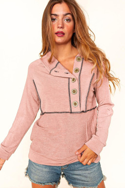 Pink Solid Color Exposed Seam Henley Pullover Hoodie