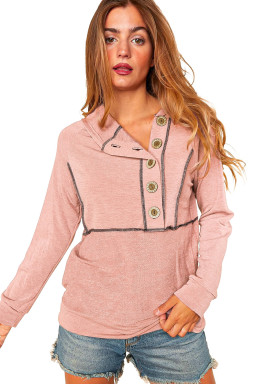 Pink Solid Color Exposed Seam Henley Pullover Hoodie