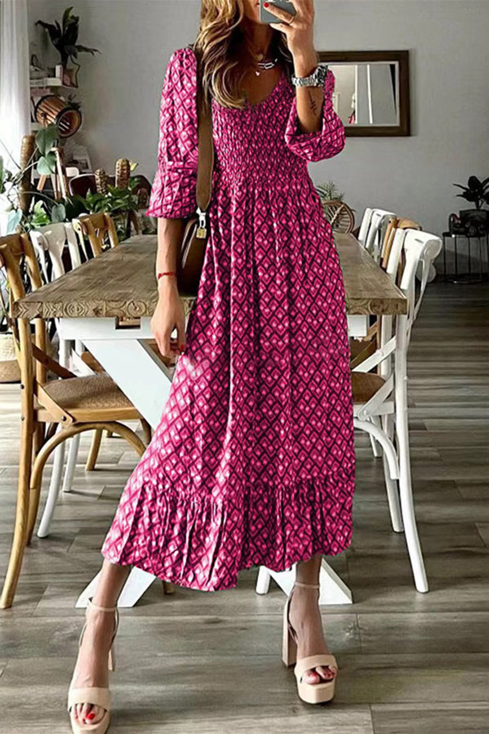 Pink Geometric Print Shirred V Neck High Waist Maxi Dress | Shewin ...