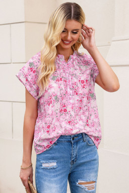 Pink Floral Button Notch Neck Ruffle Sleeve Blouse