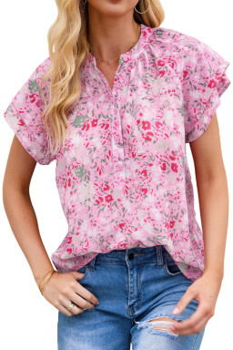Pink Floral Button Notch Neck Ruffle Sleeve Blouse