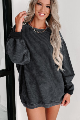 Black Plain Ribbed Round Neck Pullover Sweatshirt