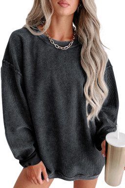 Black Plain Ribbed Round Neck Pullover Sweatshirt