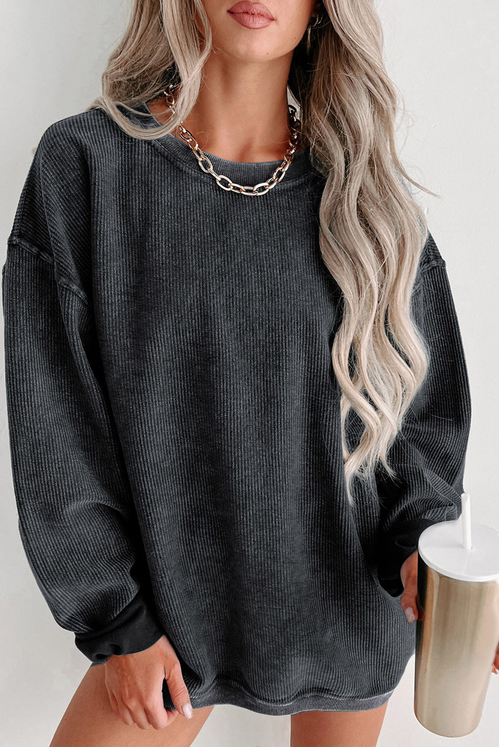 Black Plain Ribbed Round Neck Pullover Sweatshirt