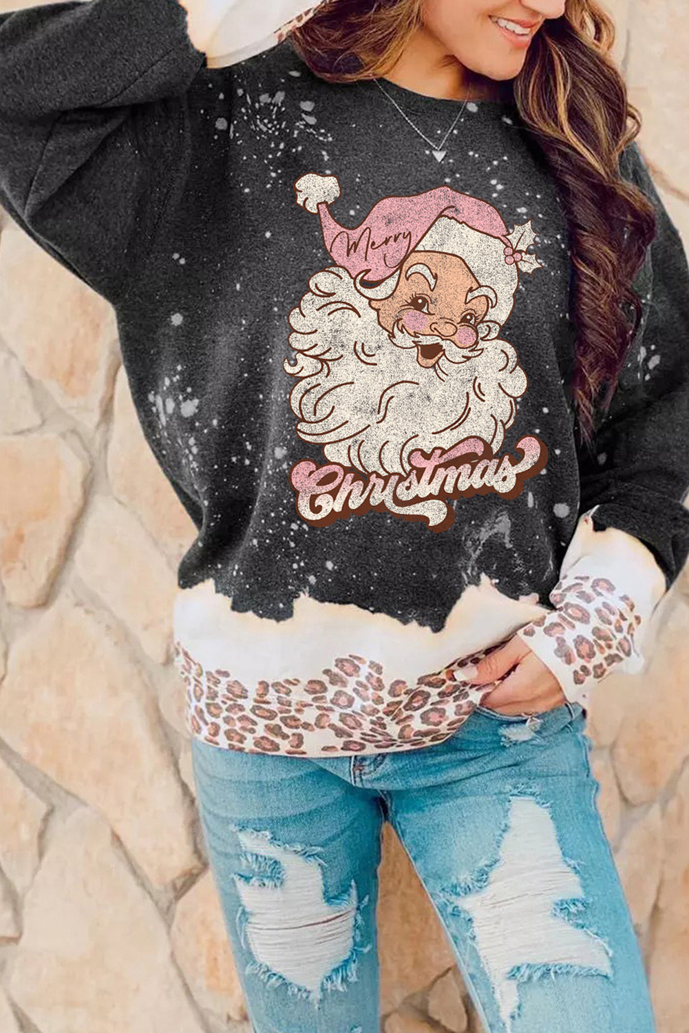 Shewin Wholesale Clothing Suppliers Black Christmas Santa Claus Leopard TIE DYE Graphic Sweatshirt