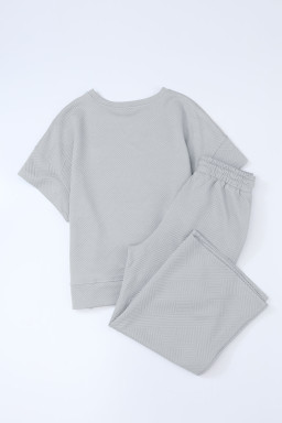 Gray Textured Loose Fit T Shirt & Drawstring Pants Set