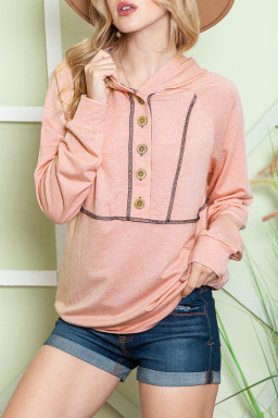 Pink Solid Color Exposed Seam Henley Pullover Hoodie