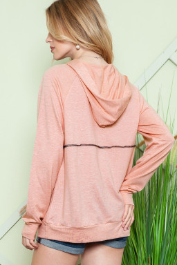 Pink Solid Color Exposed Seam Henley Pullover Hoodie