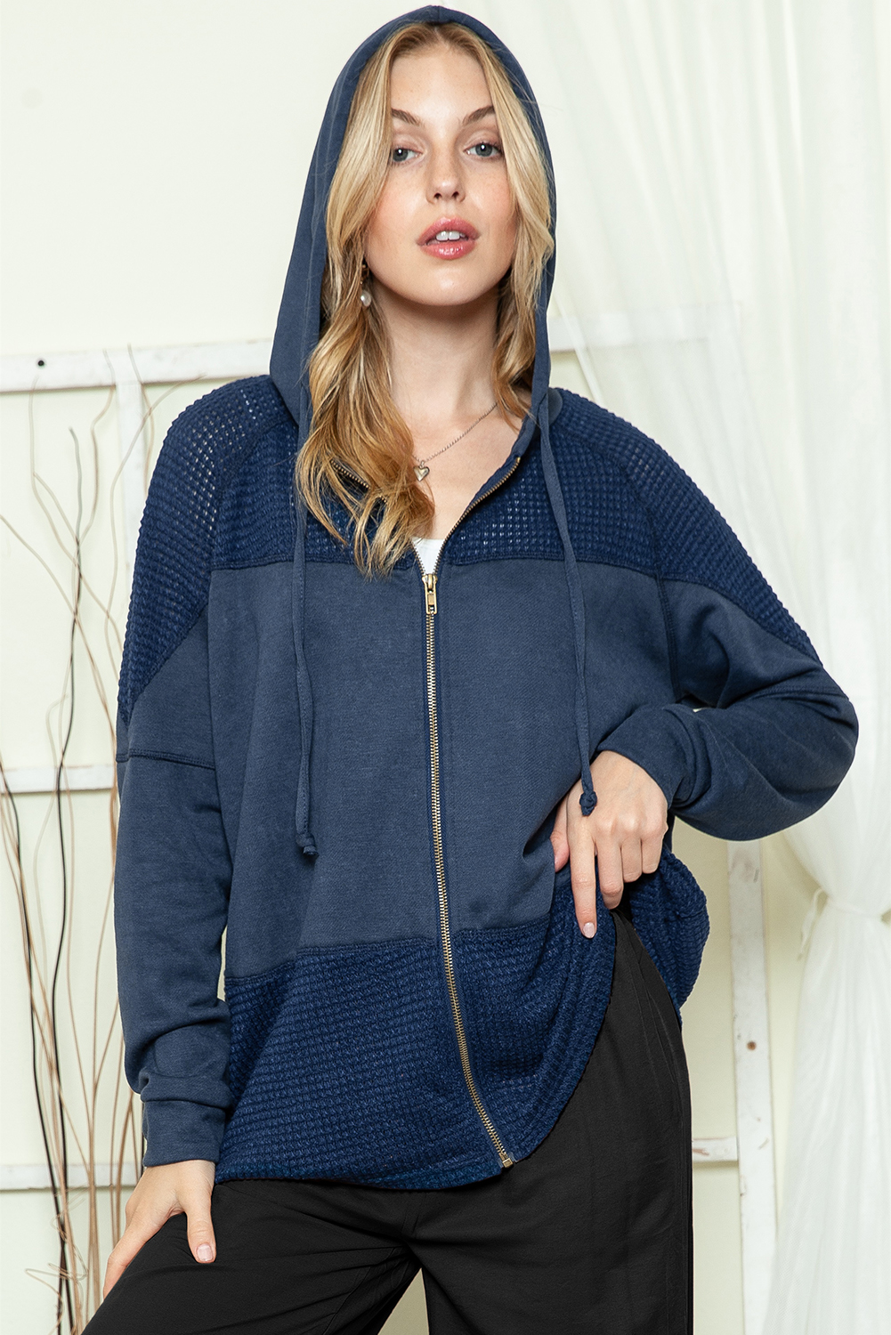 Blue Denim Patchwork Zip Up Jean Jacket with Hoodie Shewin Wholesale