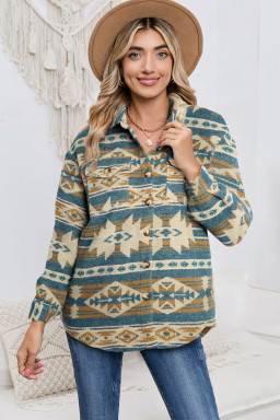 Dark Blue Geometric Print Flap Pockets Button Up Jacket