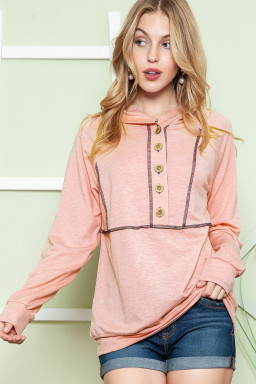 Pink Solid Color Exposed Seam Henley Pullover Hoodie