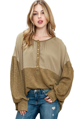 Khaki Ribbed Patchwork Bishop Sleeve Henley Top