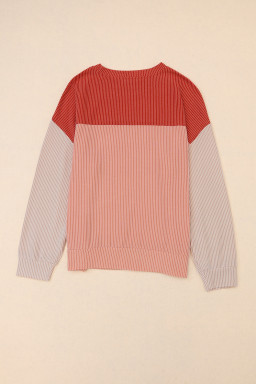 Red Color Block Ribbed Loose Long Sleeve Top