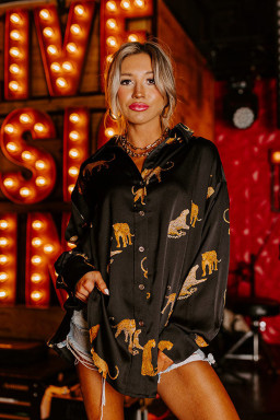 Black Animal Print Button Up Satin Shirt