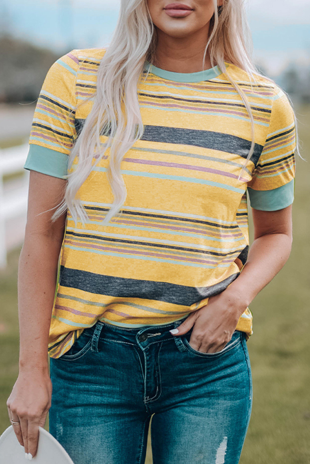 Multicolor Casual Stripes Crew Neck T Shirt