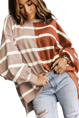 Brown Contrast Striped Print Dropped Shoulder Oversized Top