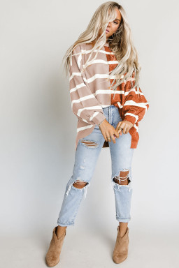 Brown Contrast Striped Print Dropped Shoulder Oversized Top