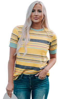 Multicolor Casual Stripes Crew Neck T Shirt