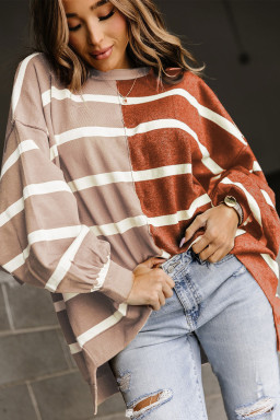Brown Contrast Striped Print Dropped Shoulder Oversized Top