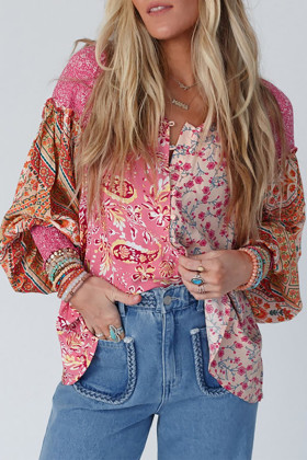 Pink Mixed Floral Printed Lantern Sleeve V-Neck Blouse