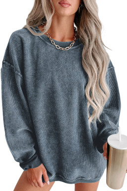 Blue Plain Solid Ribbed Knit Round Neck Pullover Sweatshirt