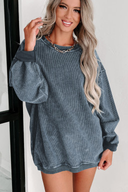 Blue Plain Solid Ribbed Knit Round Neck Pullover Sweatshirt