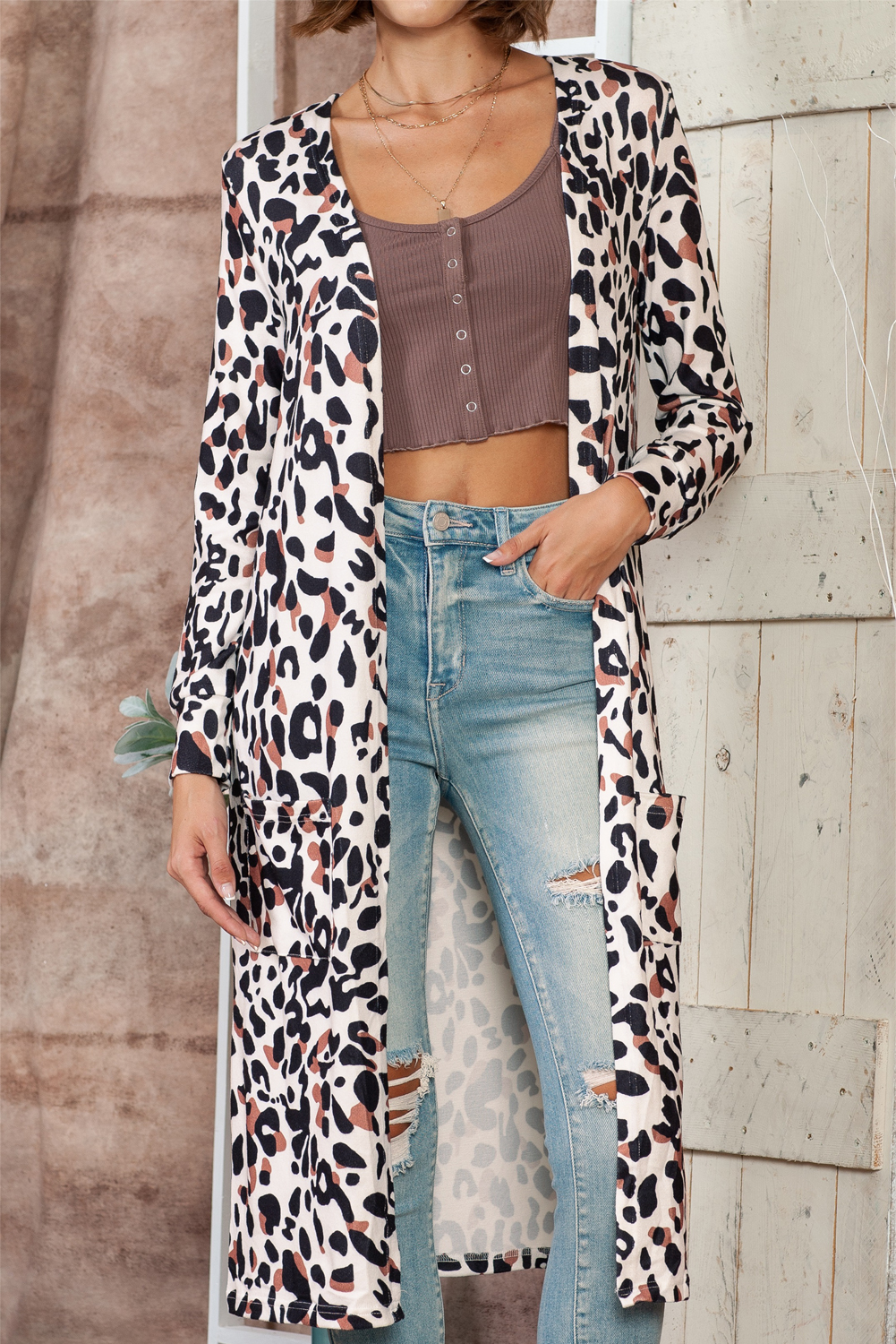 Wholesale&Dropship Leopard Side Pocket Open Front Duster Cardigan