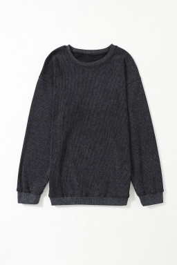 Black Plain Ribbed Round Neck Pullover Sweatshirt