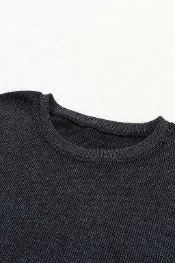 Black Plain Ribbed Round Neck Pullover Sweatshirt