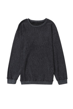 Black Plain Ribbed Round Neck Pullover Sweatshirt