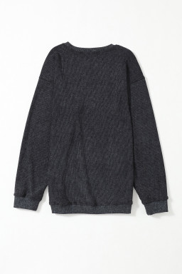 Black Plain Ribbed Round Neck Pullover Sweatshirt