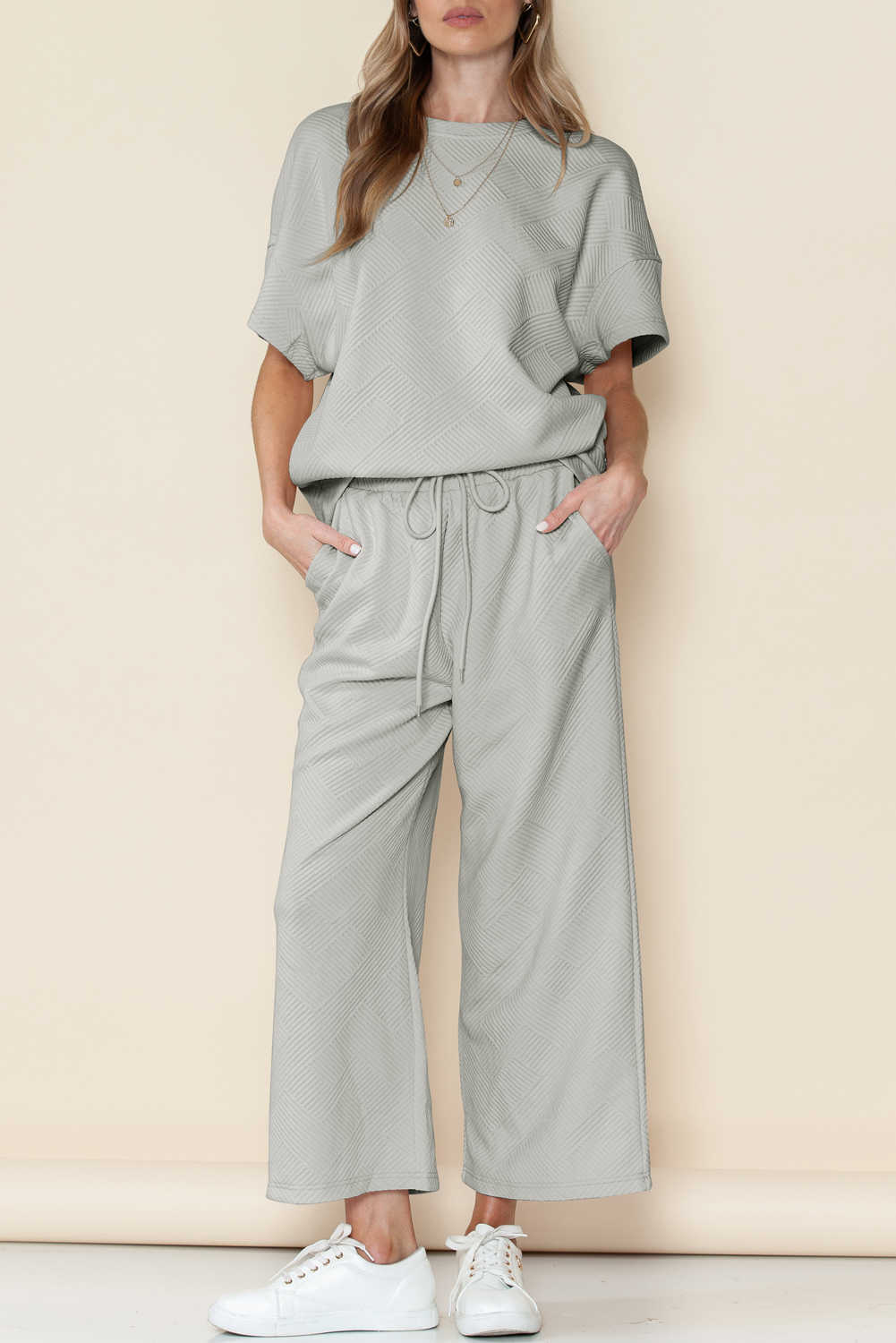 Gray Textured Loose Fit T Shirt & Drawstring Pants Set