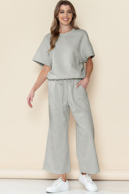 Gray Textured Loose Fit T Shirt & Drawstring Pants Set