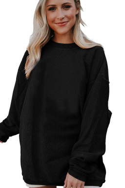 Black Solid Color Rib Knit Oversized Sweatshirt