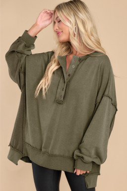 Green Patchwork Exposed Seam Oversized Henley Sweatshirt