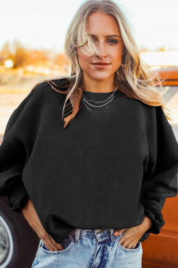 Black Solid Color Rib Knit Oversized Sweatshirt