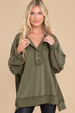 Green Patchwork Exposed Seam Oversized Henley Sweatshirt