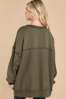 Green Patchwork Exposed Seam Oversized Henley Sweatshirt