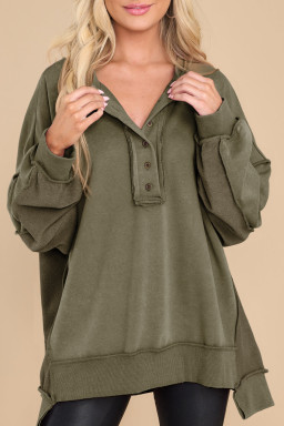 Green Patchwork Exposed Seam Oversized Henley Sweatshirt