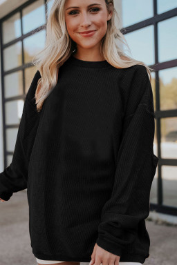 Black Solid Color Rib Knit Oversized Sweatshirt