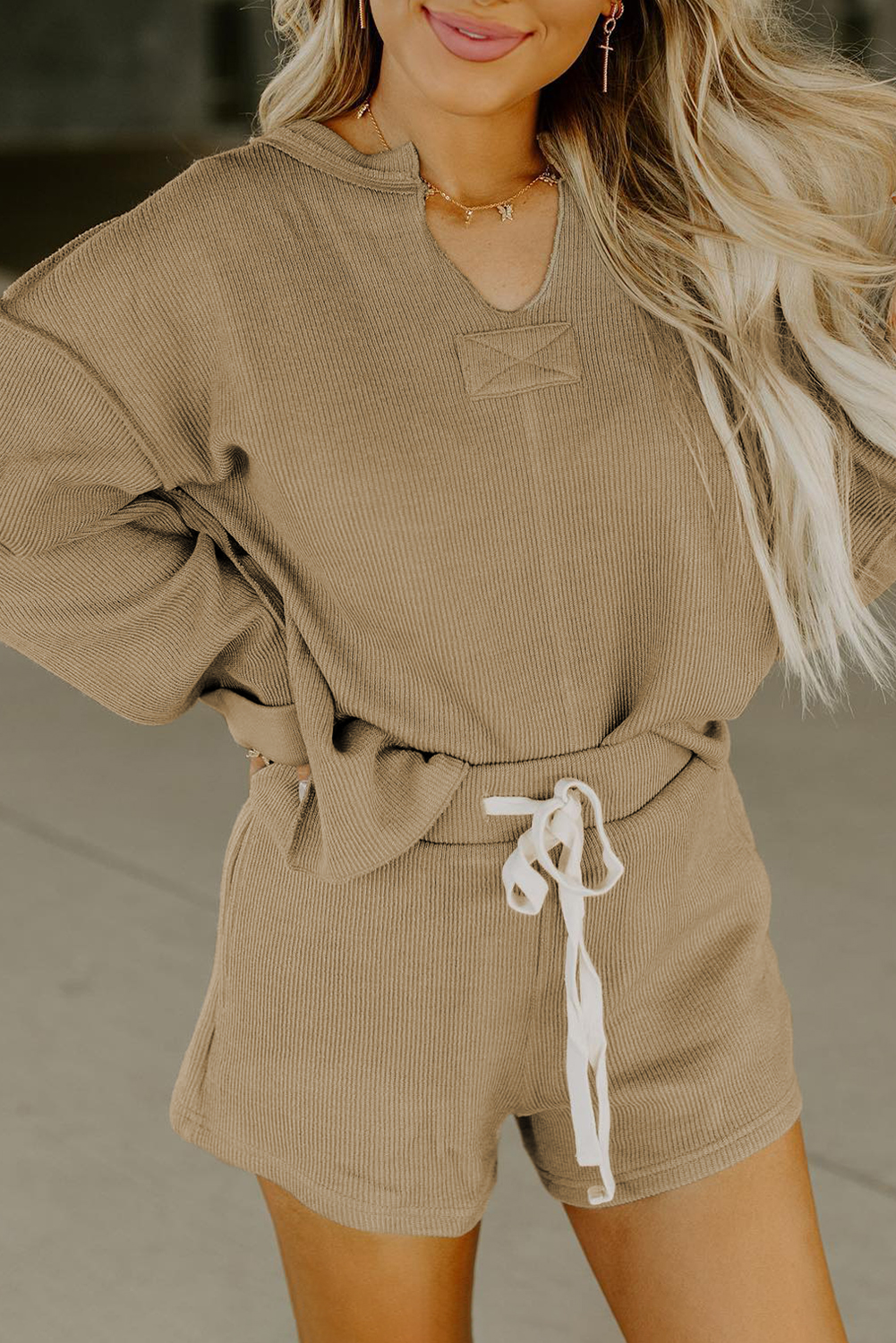 Khaki Exposed Seam Textured Long Sleeve Top Shorts Set Shewin Wholesale