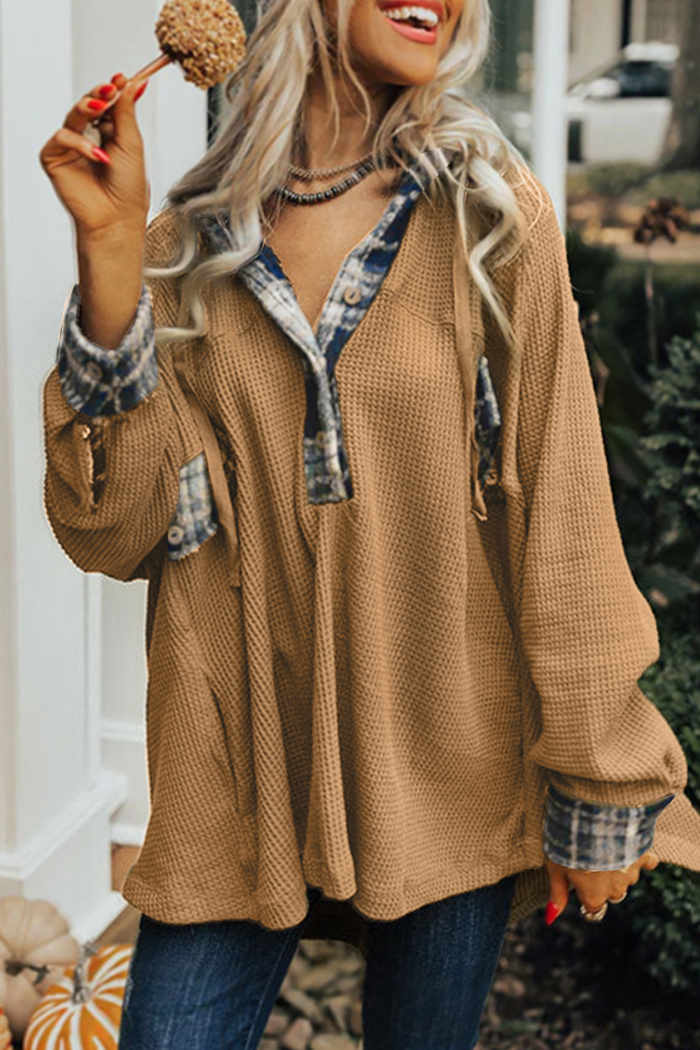 Flaxen Waffle Knit & Plaid Patchwork Henley Oversized Hoodie | Shewin ...