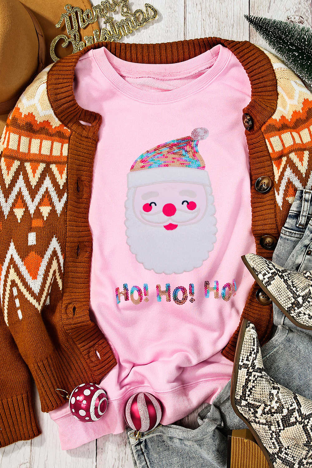 Pink HO HO HO Sequined Santa Claus Graphic Patch Application Sweatshirt